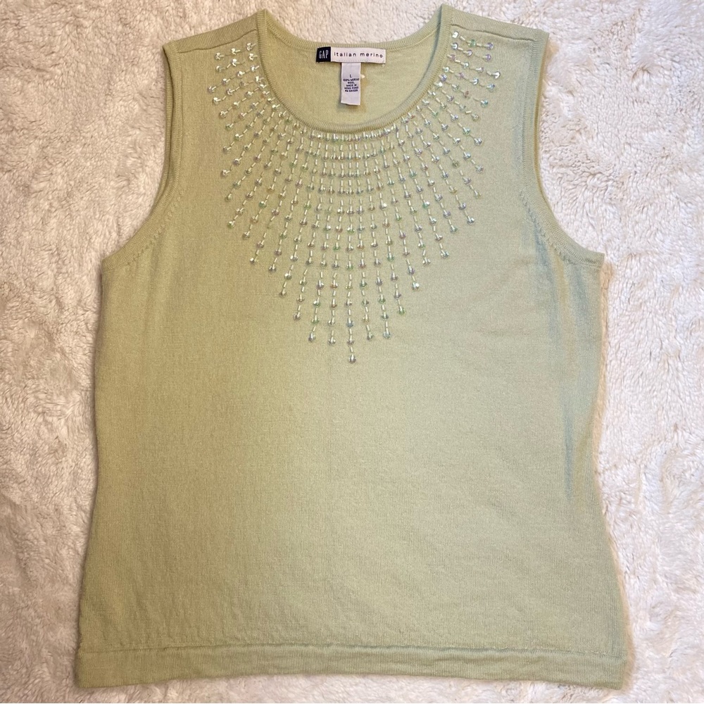 Vintage Merino Wool Beaded Sweater Sleeveless Sweater Vest Top Gap Green Italy